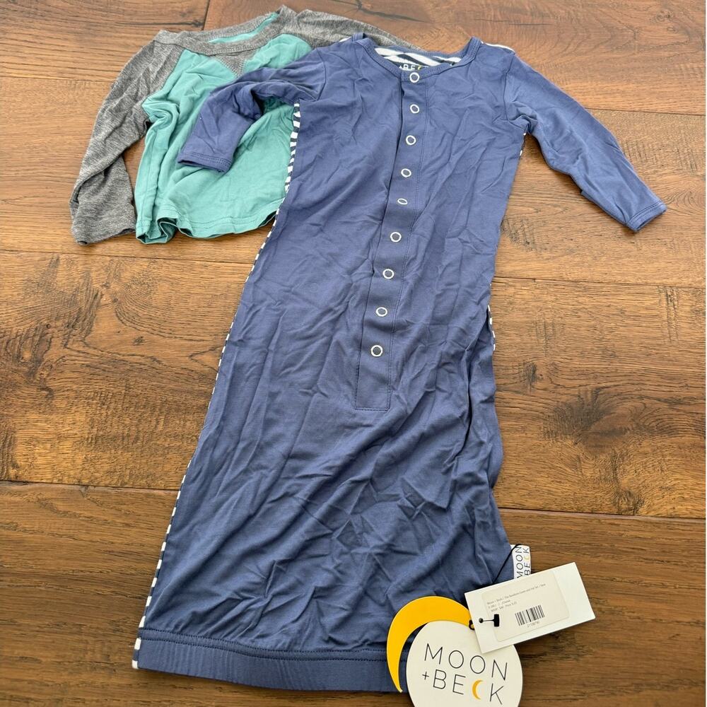 Moon + Beck Bamboo Sustainable Bundle The Newborn Gown Blue Tee NWT